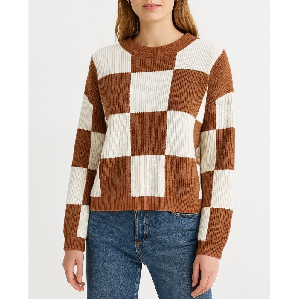 MNG Mango Checkered Pullover Knit Sweater Women's L Brown Off White - Picture 1 of 7